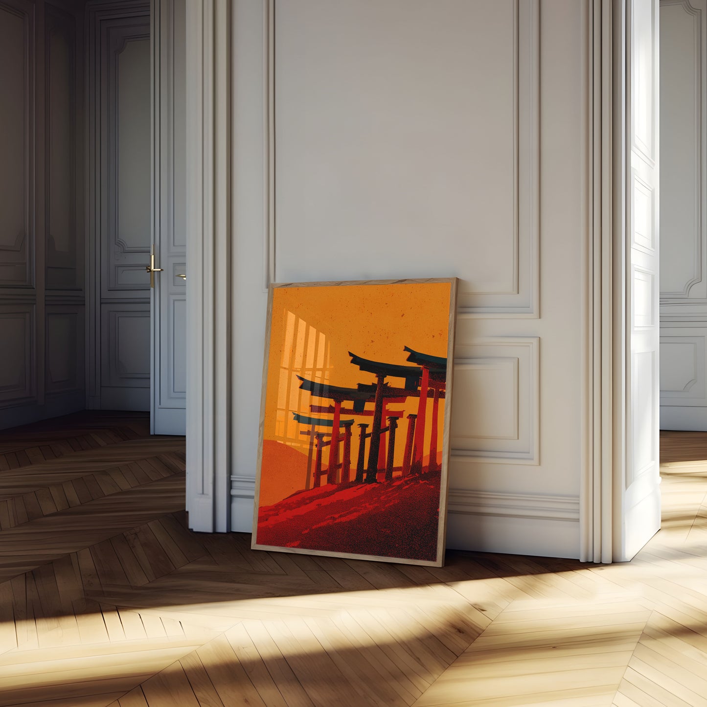 Cartel de Puertas Torii Sagradas al Atardecer