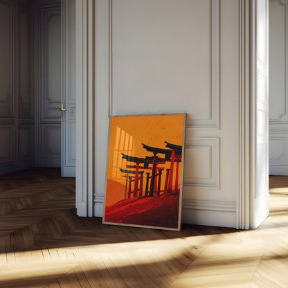Cartel de Puertas Torii Sagradas al Atardecer