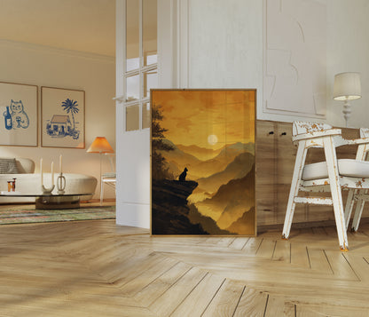 Cartaz de Gato Observando o Pôr do Sol Dourado