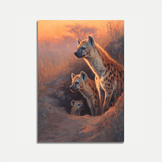 Afrikanische Hyänen bei Sonnenuntergang Poster