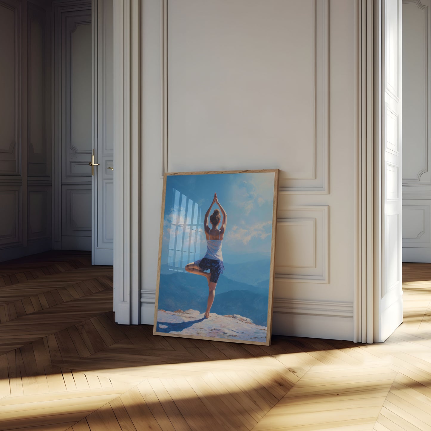 Póster de yoga en la cima de la montaña