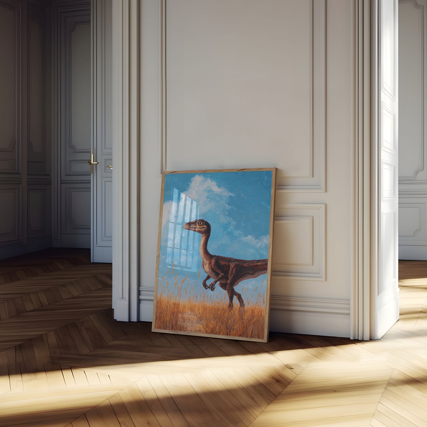 Póster de Velociraptor en un campo de trigo