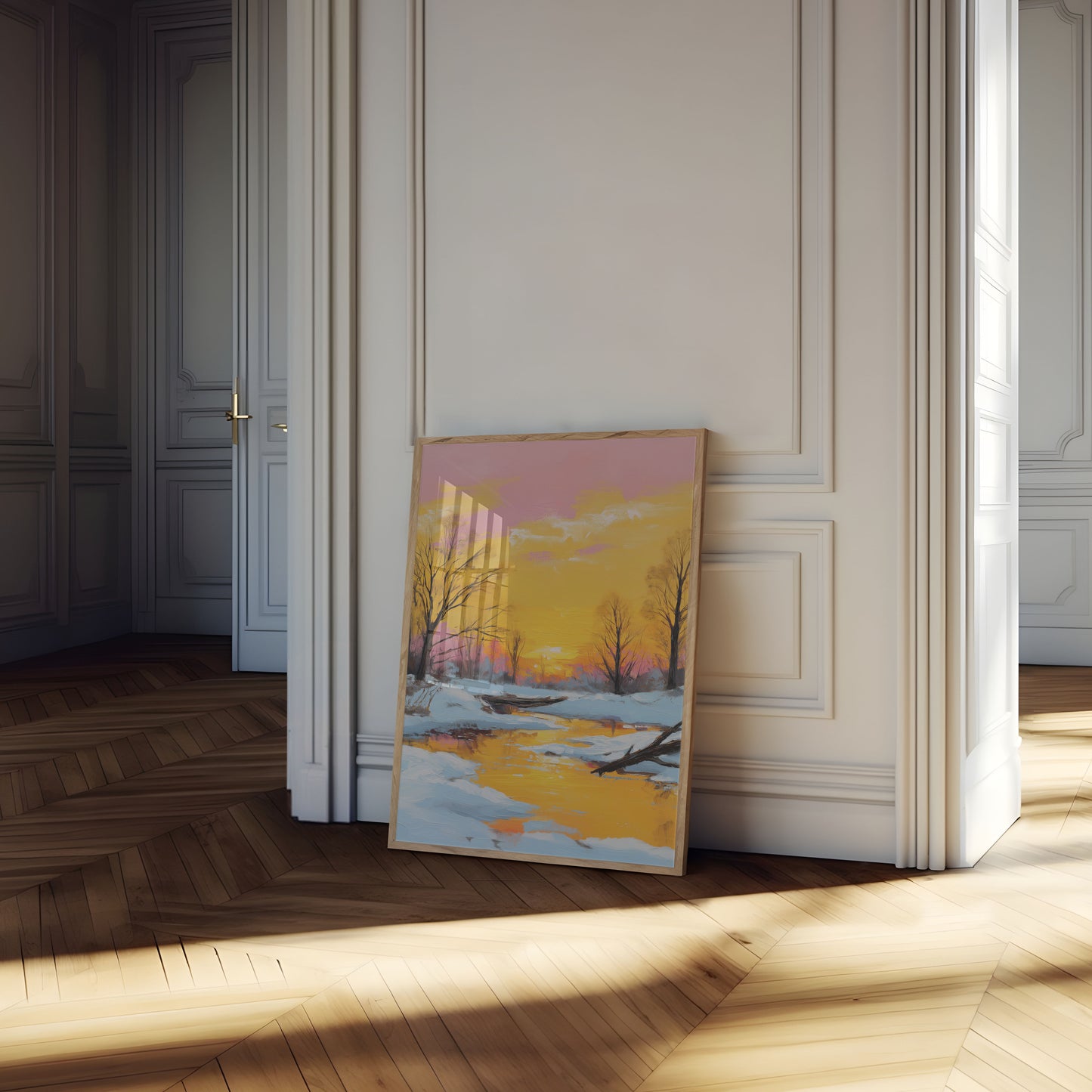 Poster Paesaggio Fluviale al Tramonto Invernale
