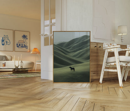 Einsames Pferd in Hügellandschaft Poster