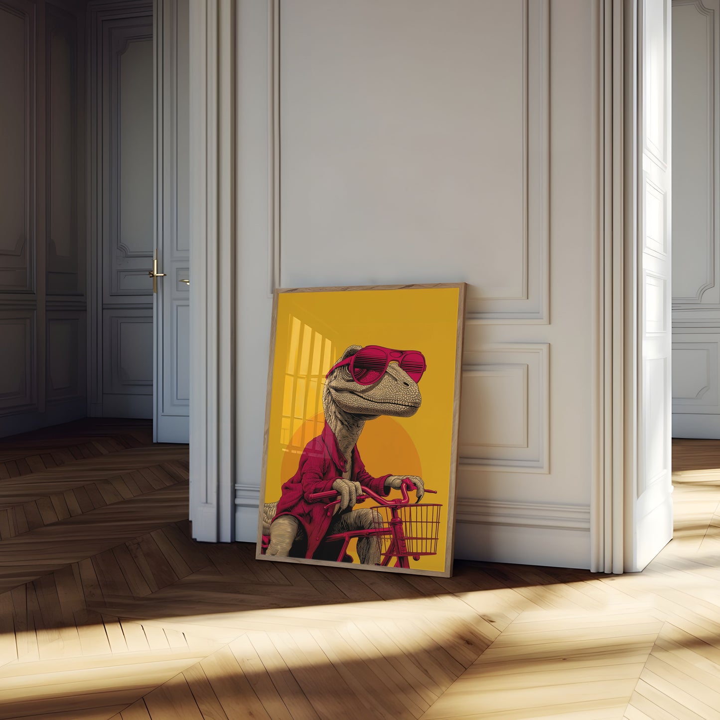 Póster genial de paseo en bicicleta con dinosaurios