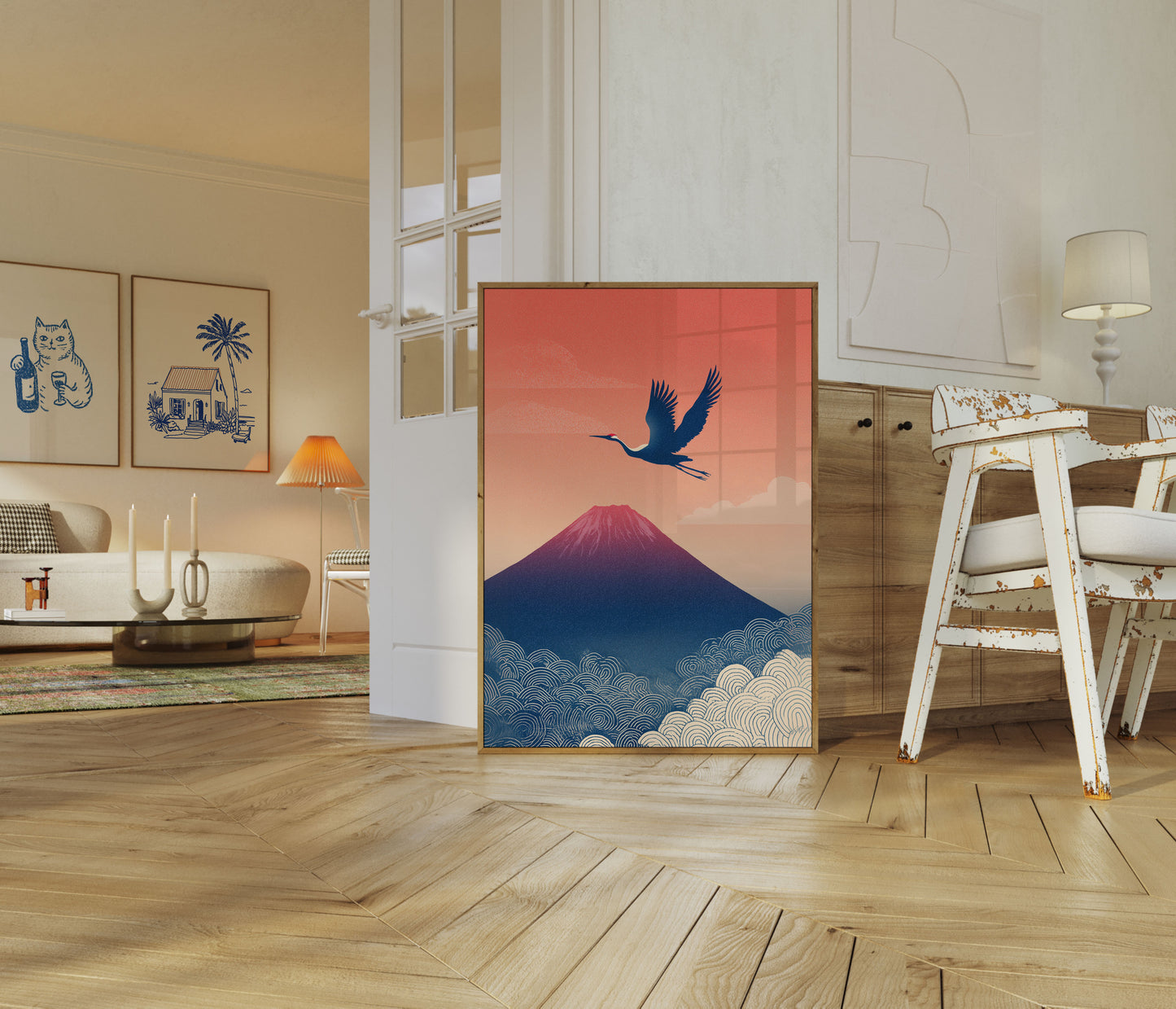 Póster de la serena grulla del monte Fuji