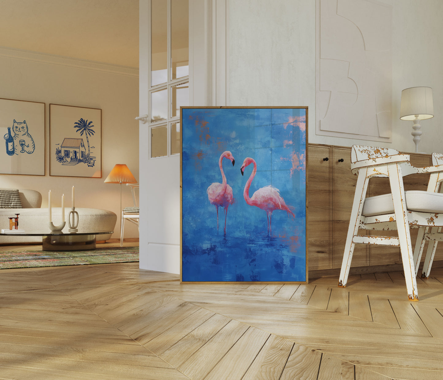 Roze Flamingo's Blauwe Canvas Poster