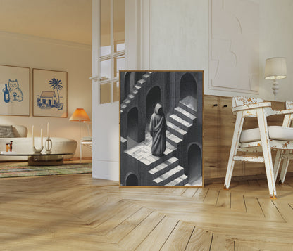 Figura Encapuchada en Póster de Arco Antiguo