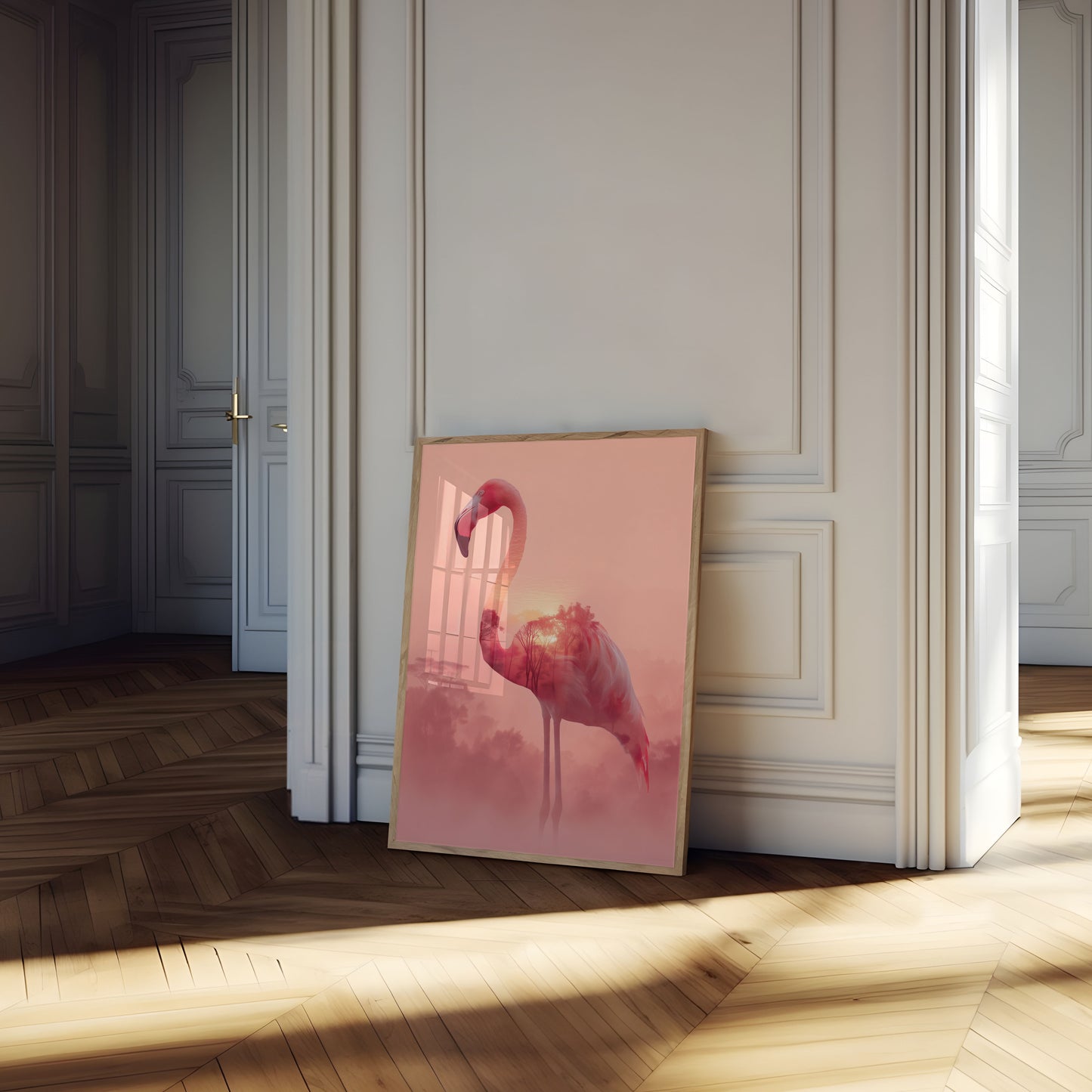 Roze Zonsondergang Flamingo Poster