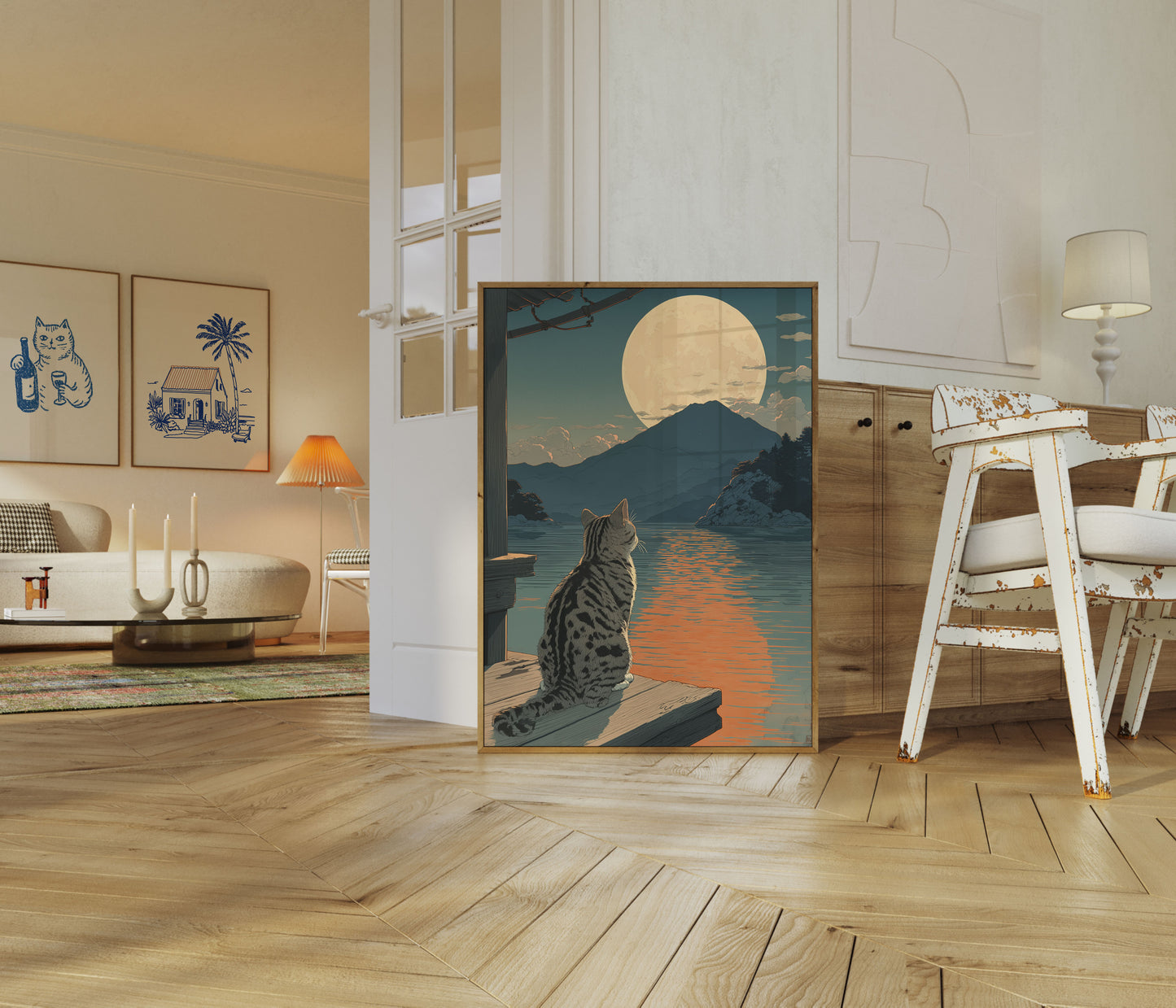 Póster de Gato, Lago Iluminado por la Luna y Montaña