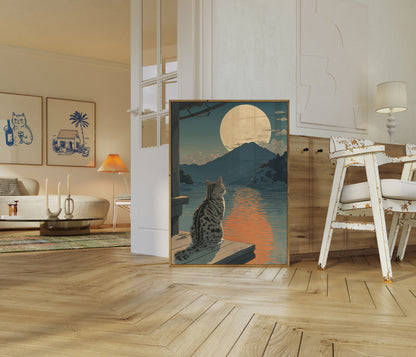 Póster de Gato, Lago Iluminado por la Luna y Montaña