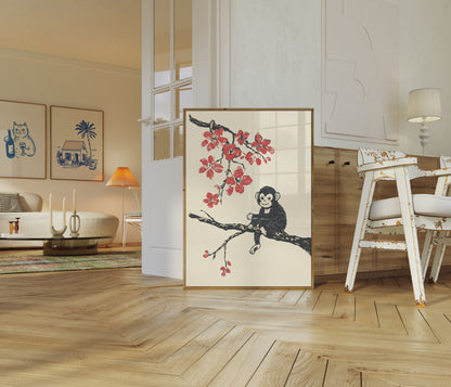Playful Monkey in Blossom Tree Poster
