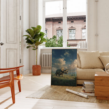 Ancient Triceratops Mountain Landscape Poster