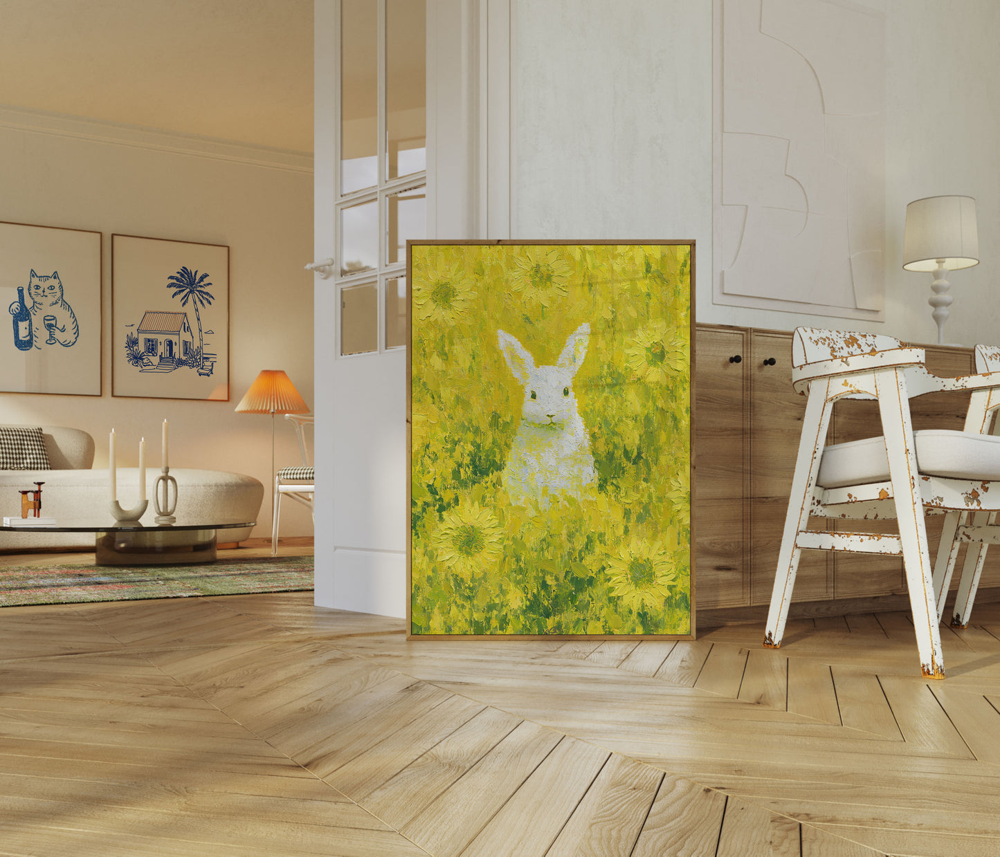 White Rabbit in Sunflower Field Poster