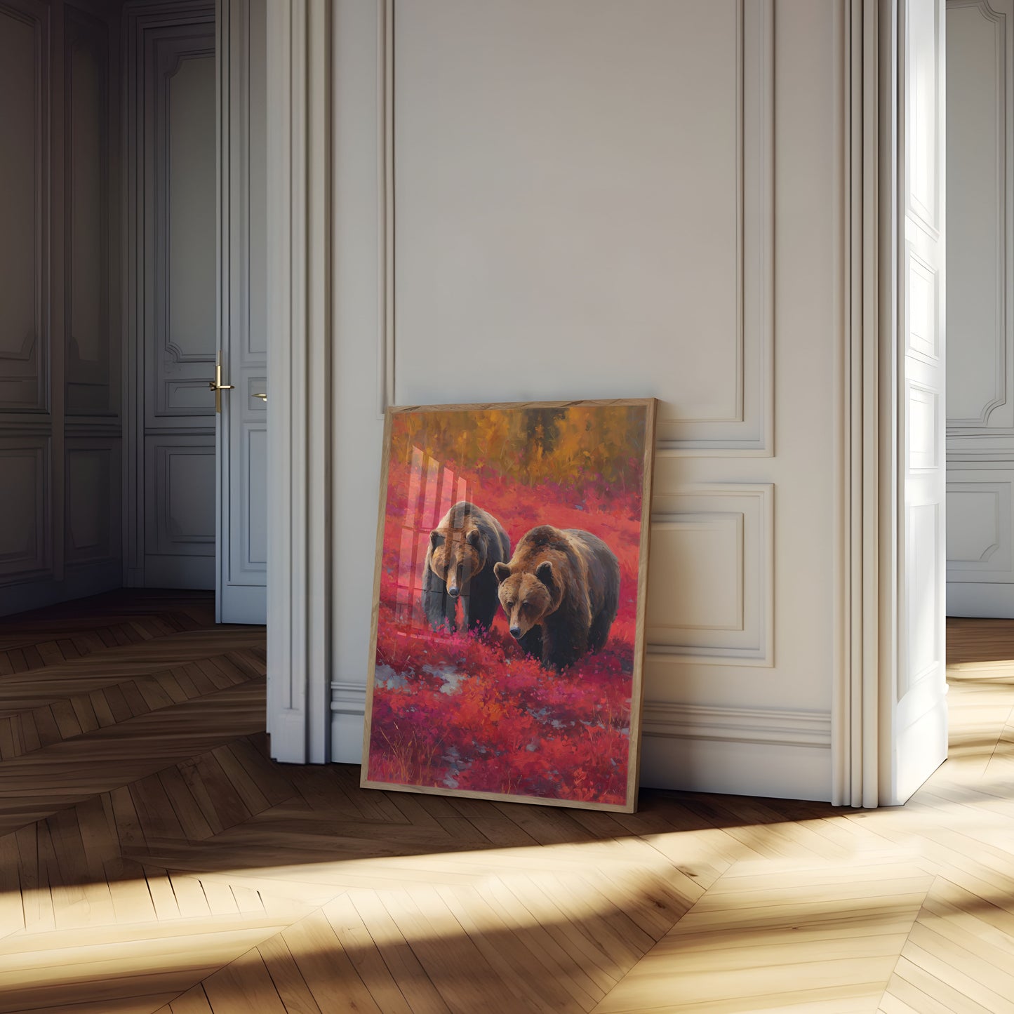 Ours dans l'affiche de fleurs sauvages cramoisies