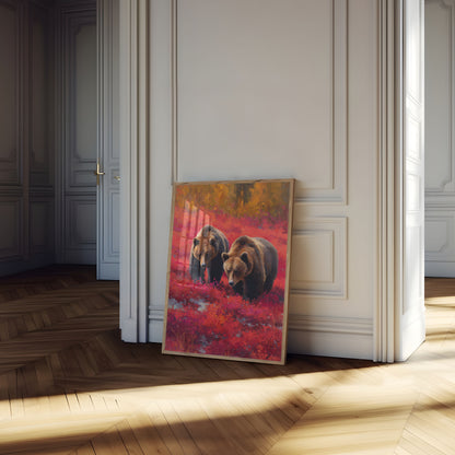 Ours dans l'affiche de fleurs sauvages cramoisies