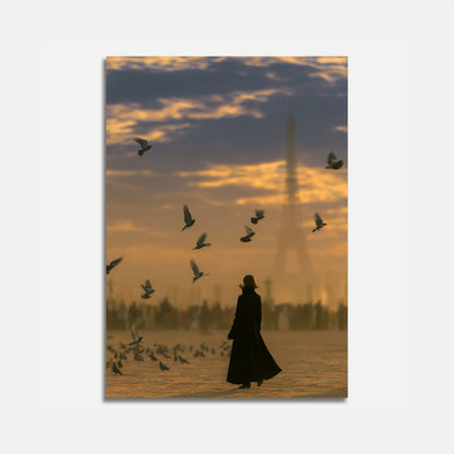 Solitäre Gestalt unter fliegenden Vögeln Poster