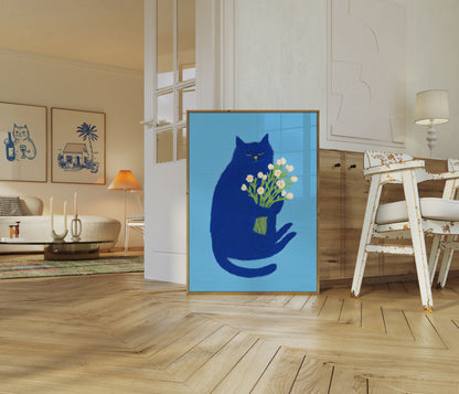 Blue Zen Cat Flower Embrace Poster