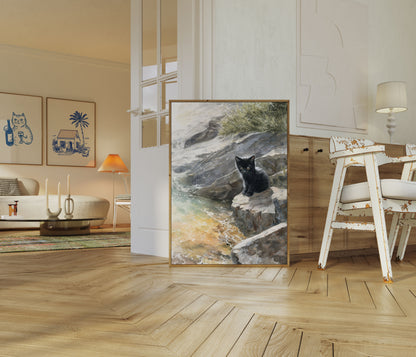Affiche Petit Chat Noir près du Ruisseau