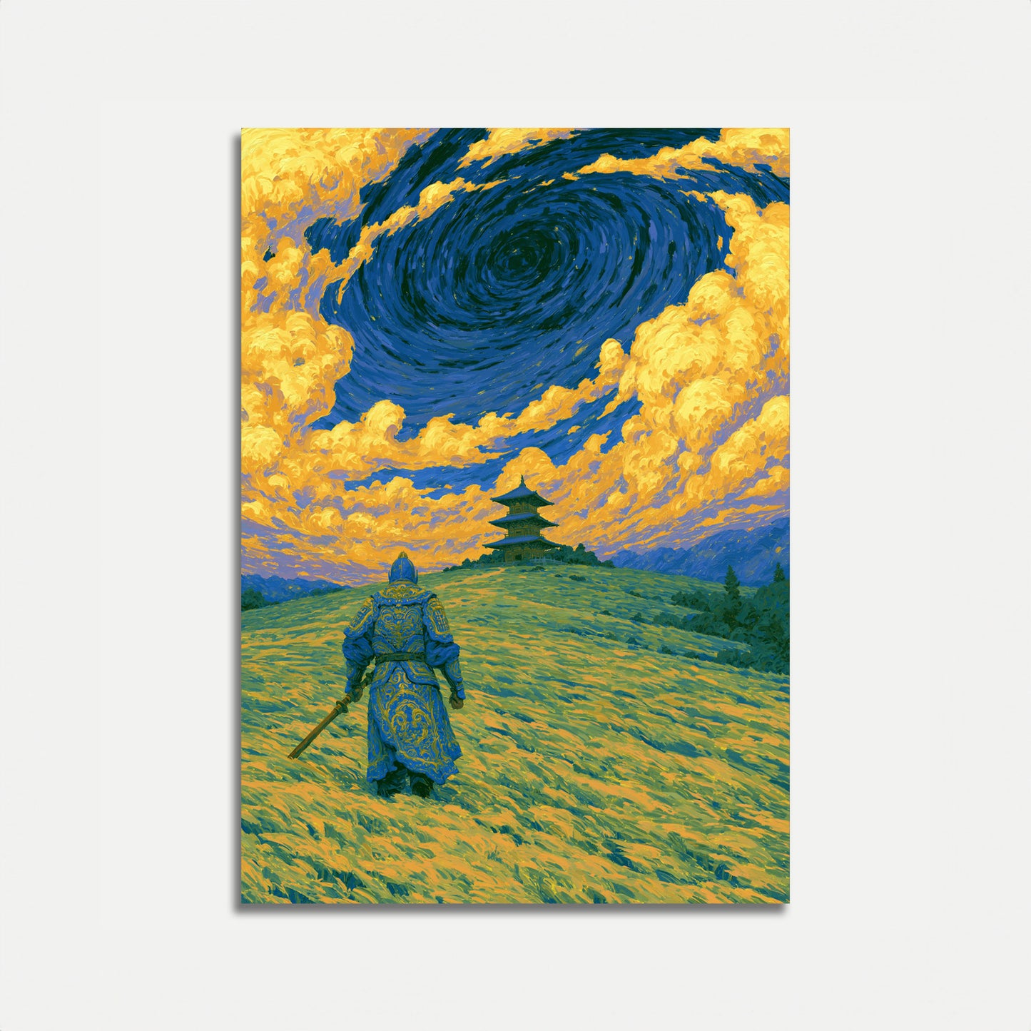 Warrior and Pagoda Under Starry Sky Poster