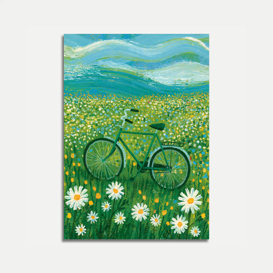 Affisch: Cykel i äng med vilda blommor