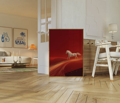 White Stallion on Red Horizon Poster