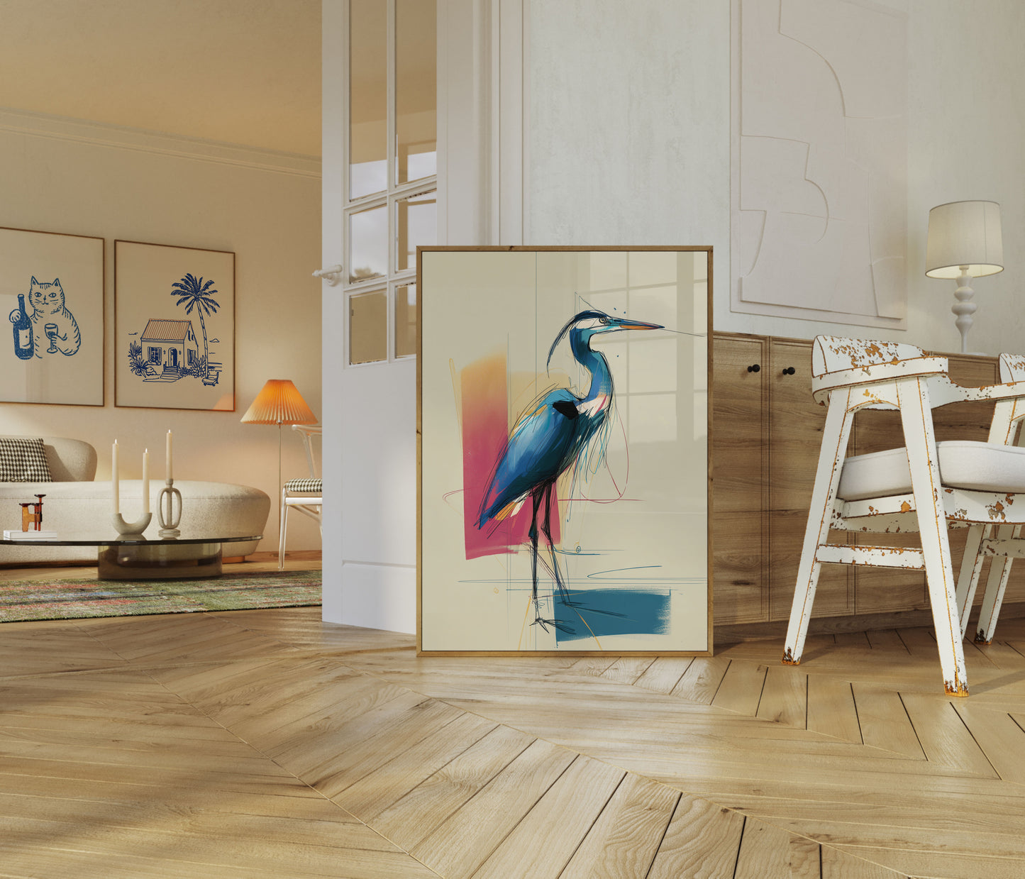 Elegant Blå Hejre Skitse Plakat