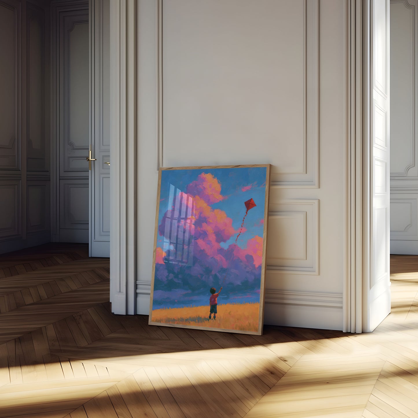 Kind mit rotem Lenkdrachen Poster