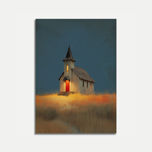 Iglesia Solitaria en Pastizales Dorados Póster