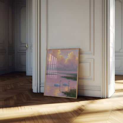 Swans at Sunset Lake Poster