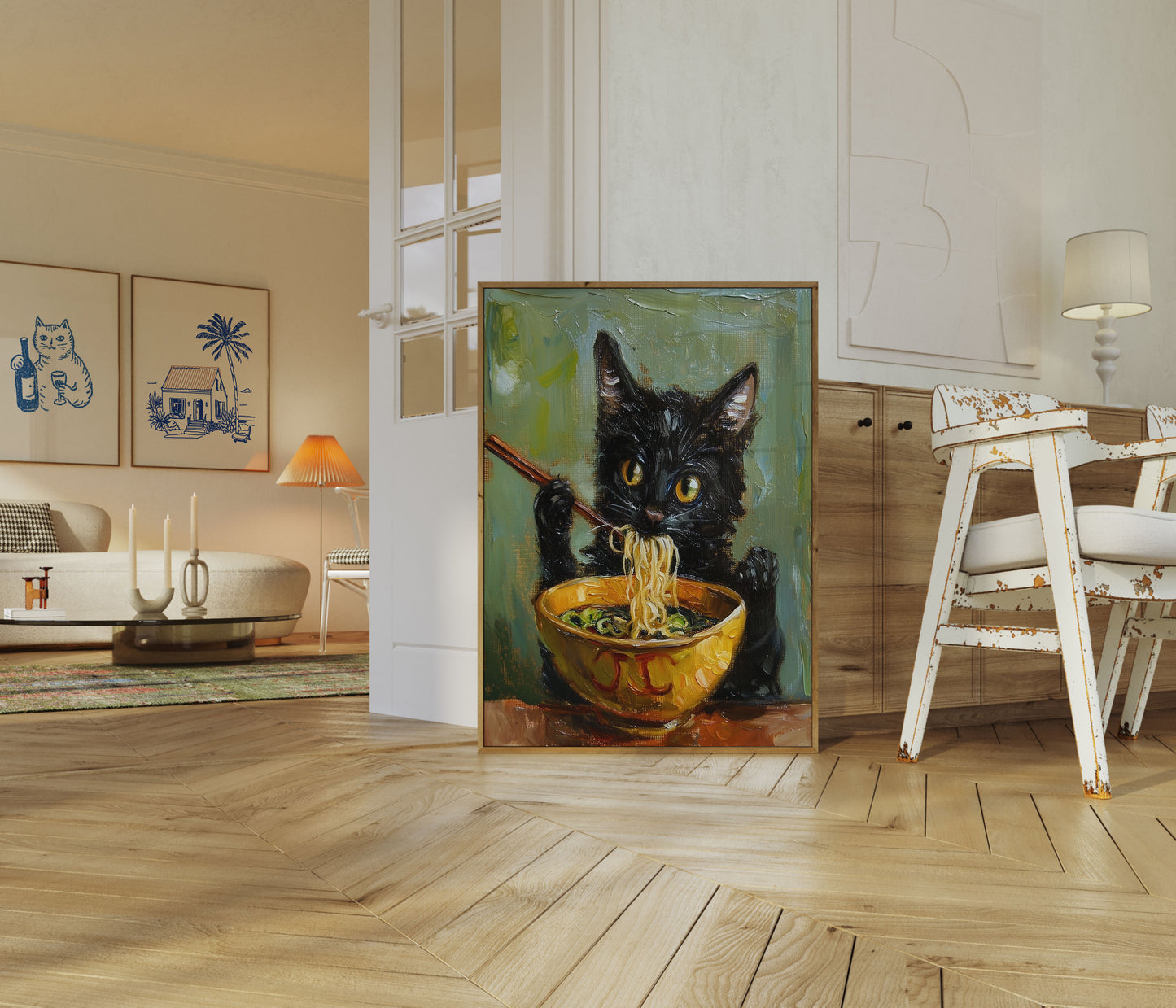 Noodle-Slurping Black Cat Poster