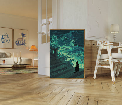 Poster del Gatto che Osserva le Onde Bioluminescenti