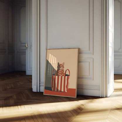 Gestreifter Kater in roter Tasche Poster