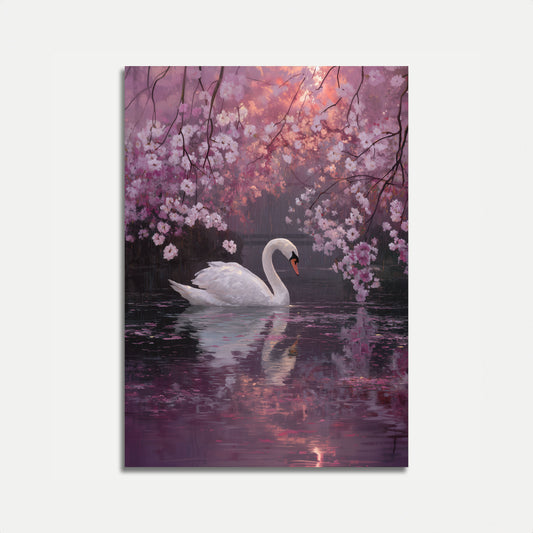 Póster de flor de cerezo con cisne sereno