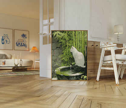 Hvid Kat i Bambushave Plakat