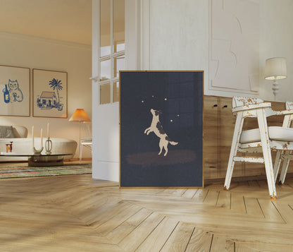 Affiche du ciel nocturne avec un chien qui saute
