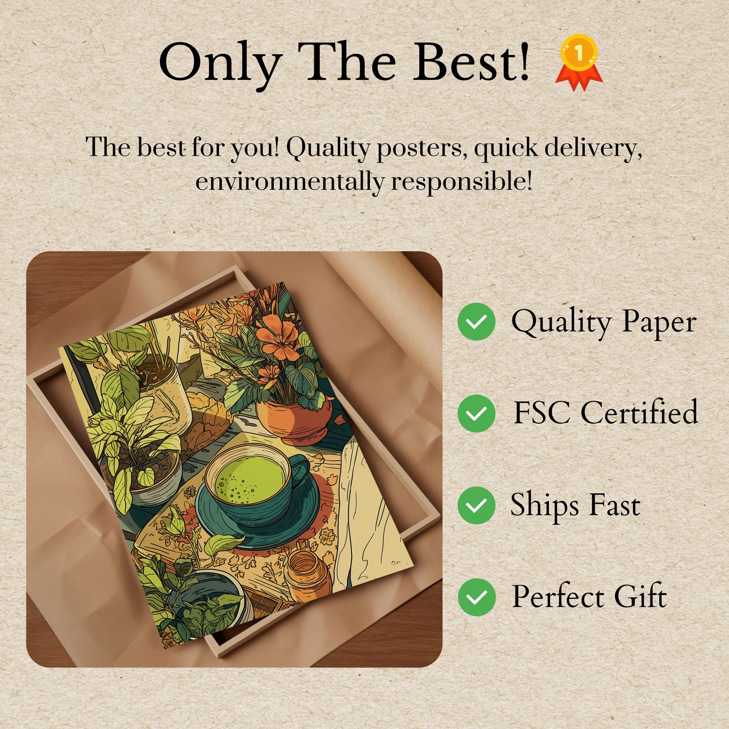 Póster botánico de matcha sereno