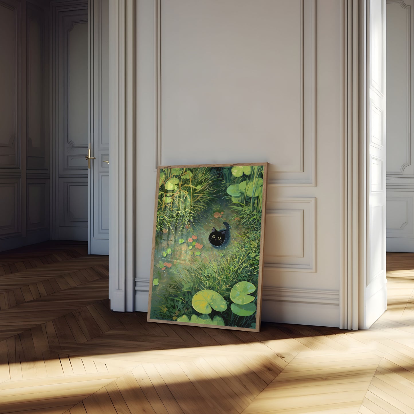 Black Cat in Lily Pond Poster