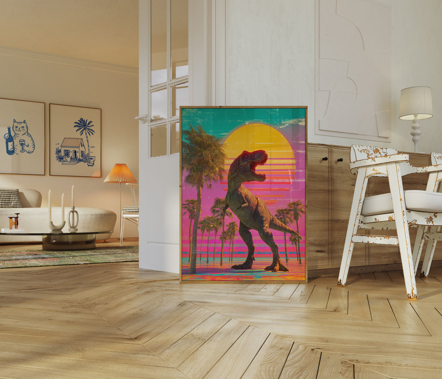 Retro Dinosaur Sunset Miami Vice Poster