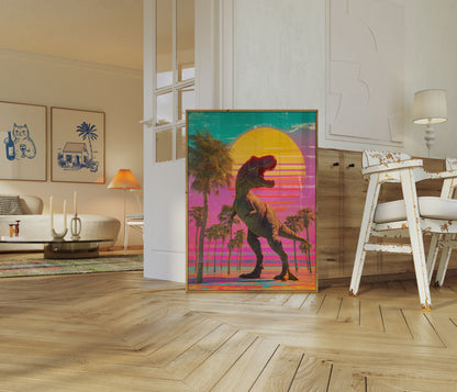 Retro Dinosaur Sunset Miami Vice Poster