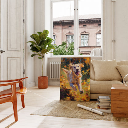 Happy Dog Running Through Flowers Poster