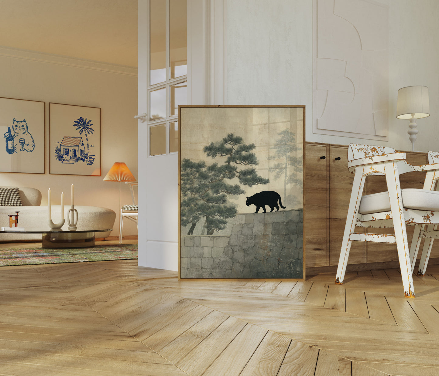 Black Cat on Stone Wall Poster