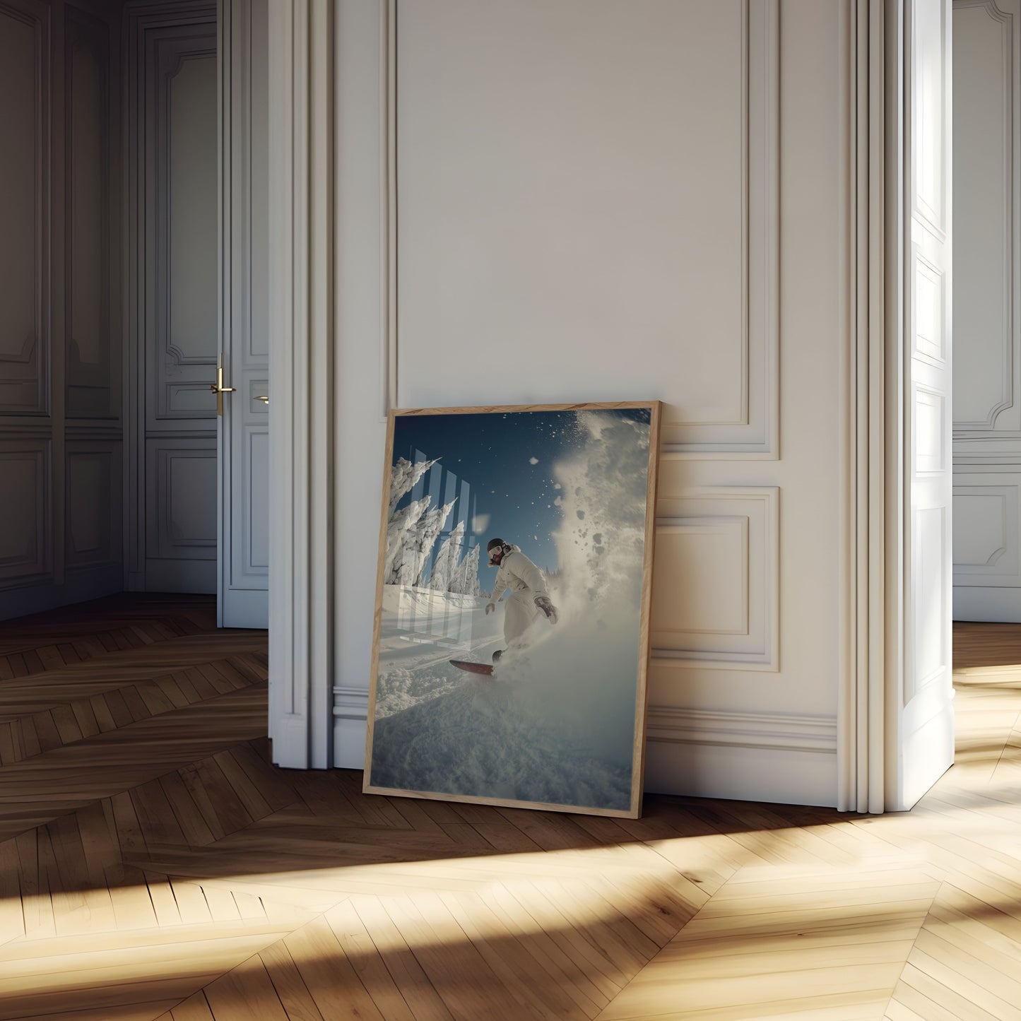 Snowboarder Skjærer i Frisk Snø Plakat