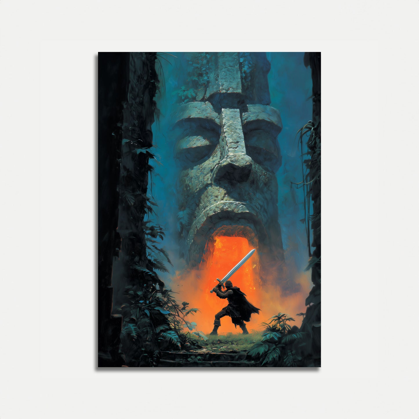 Krijger tegenover oud steenblok poster