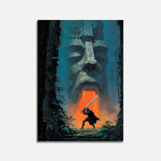 Warrior Facing Ancient Stone Poster