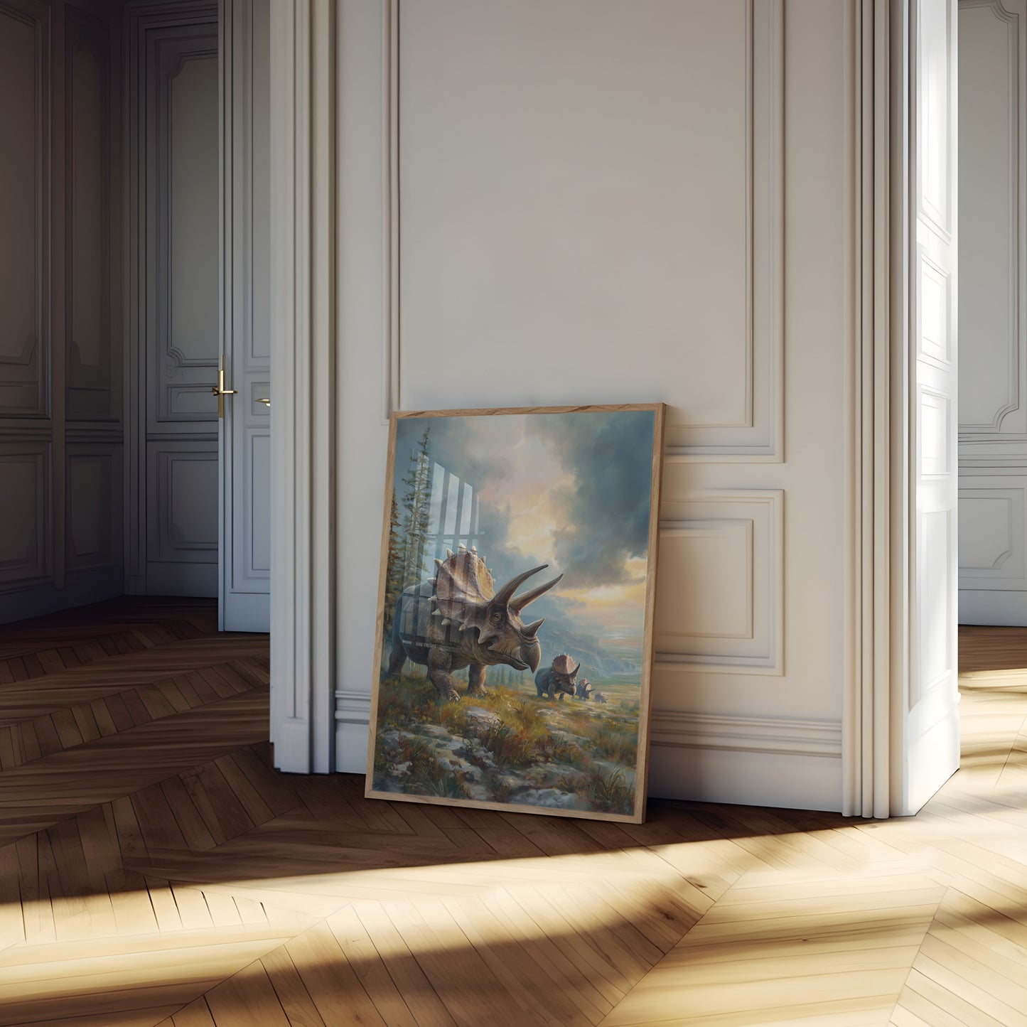 Póster de paisaje prehistórico de Triceratops