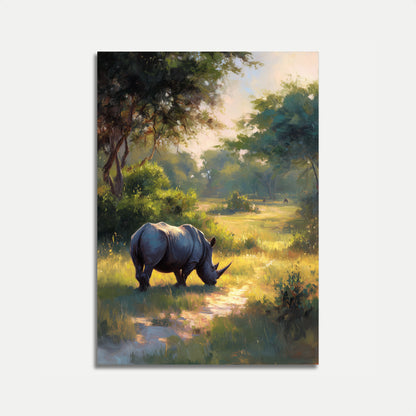 Serene Rhino in Sunlit Meadow Poster