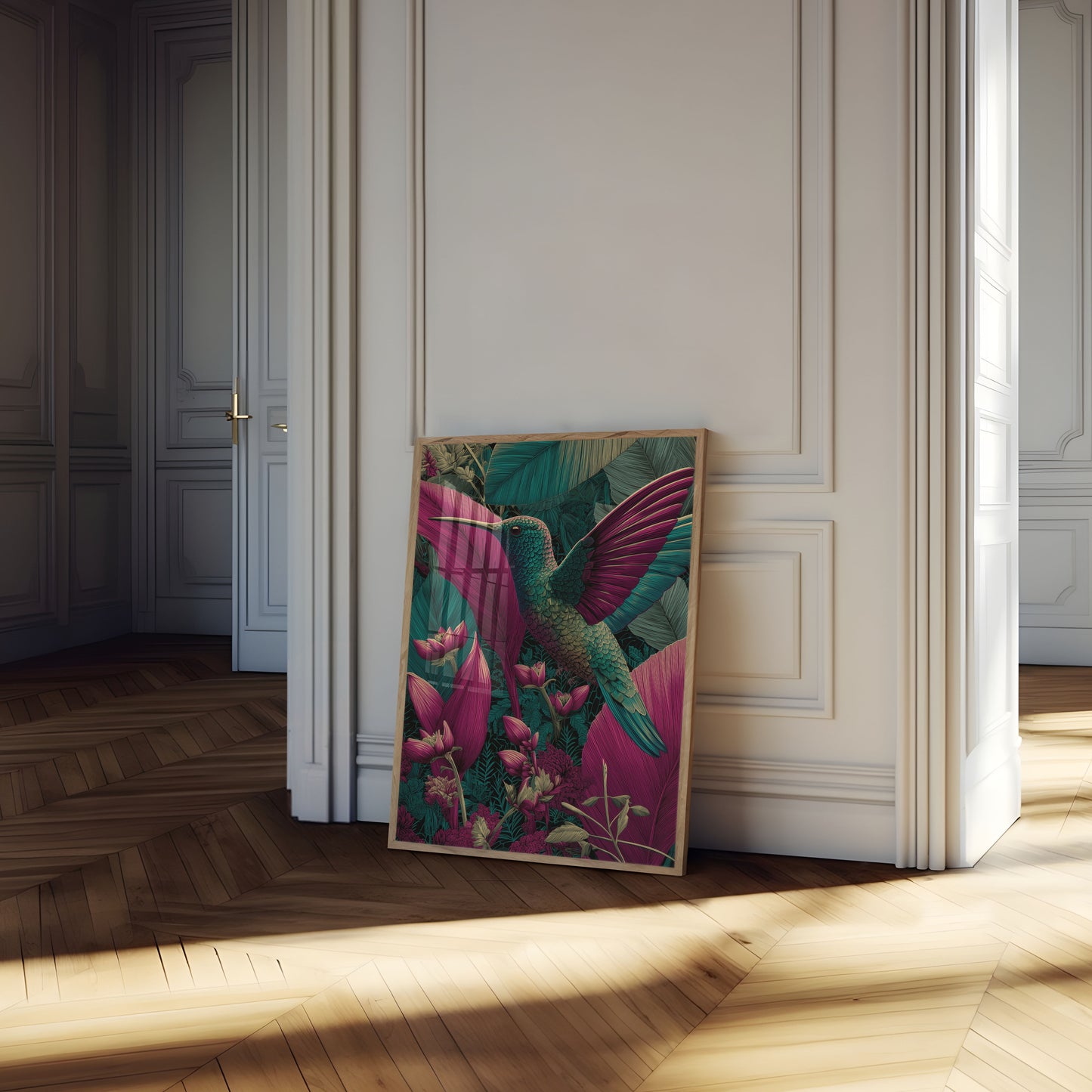 Kolibri blandt tropiske blomster plakat