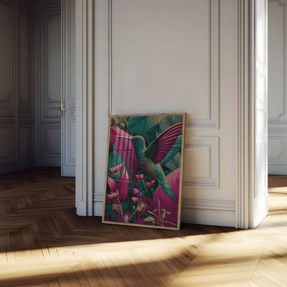 Kolibri blandt tropiske blomster plakat