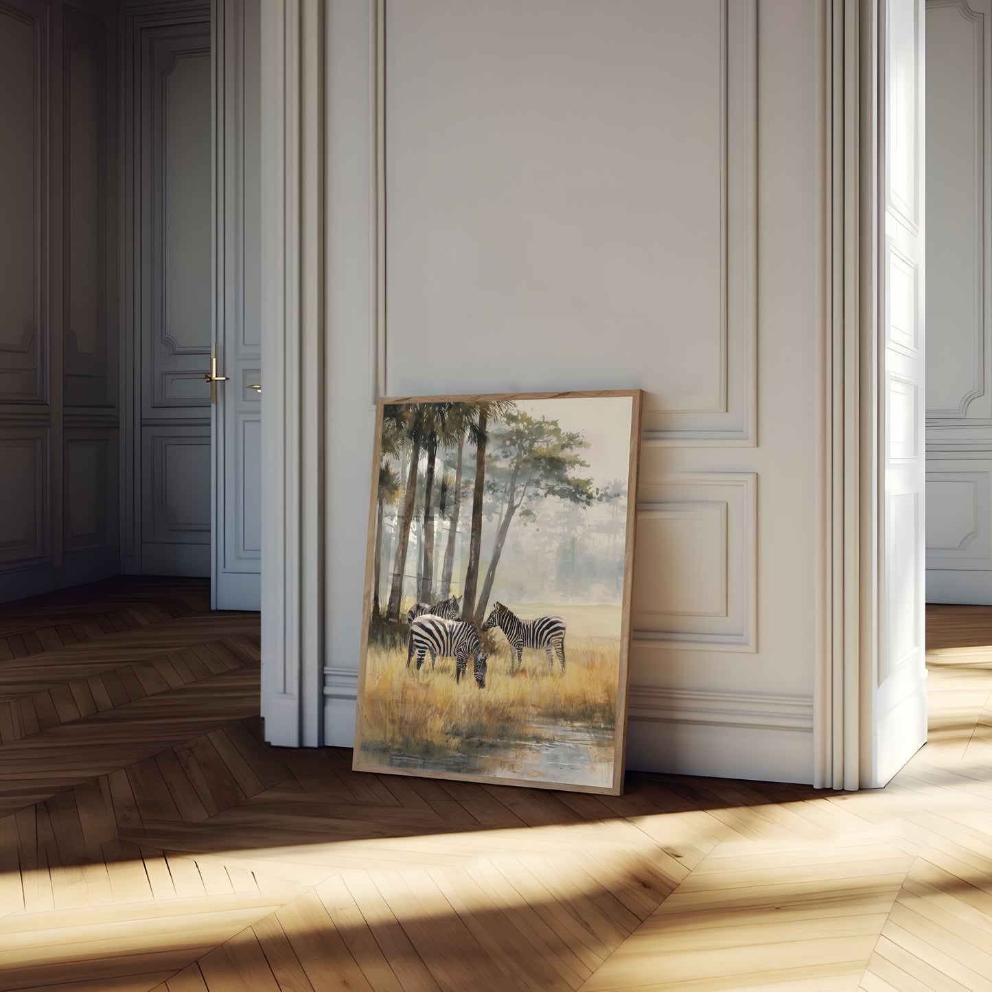 Póster de cebra de la sabana brumosa